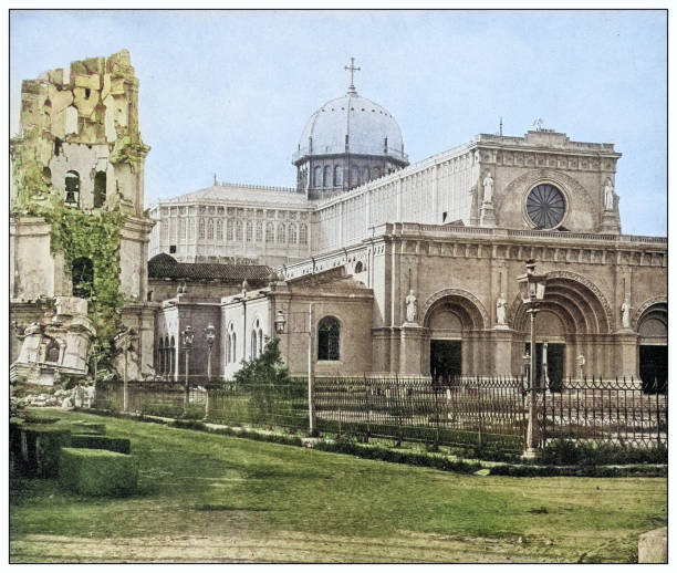 Antique black and white photograph of people from islands in the Caribbean and in the Pacific Ocean; Cuba, Hawaii, Philippines and others: Manila Cathedral, Philippines