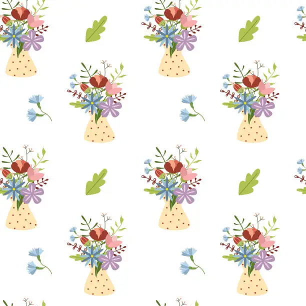 Vector illustration of Decorative floral seamless pattern with bouquets of flowers in vases.