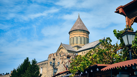 The Svetitskhoveli Cathedral, principal Georgian Orthodox church and one of the the most venerated places of worship in region. Mtskheta, Georgia. UNESCO World Heritage site. Low angle view
