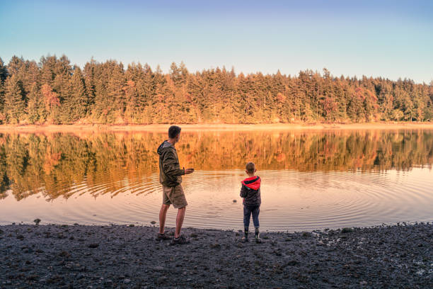 istock Father and son throwing rocks on a lake 2120790630