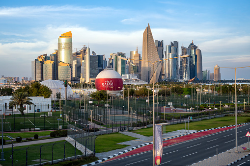 Doha, Qatar - March 26, 2024: The Panoramic skyline of Doha, Qatar during sunrise