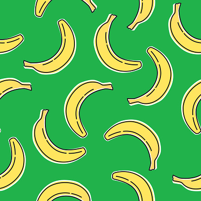 Vector seamless pattern of line art bananas on a square green background.