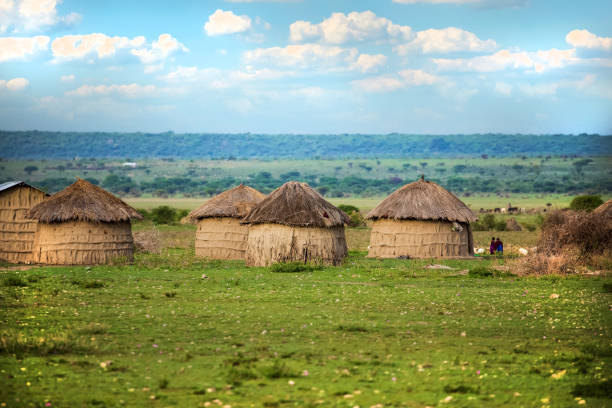 life in African village. African travel concept. Arusha, Tanzania, Africa. February 03, 2022.life in African village. African travel concept. Round clay houses with grass roof, traditional for Maasai tribe. life in African village. African travel concept. arusha region stock pictures, royalty-free photos & images