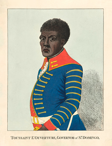 Vintage portrait features Toussaint Louverture (1743-1803) as the Governor of Santo Domingo. Once a former Haitian slave, he led the only successful slave revolt in modern history. As the central figure in the Haitian Revolution, he is celebrated for his leadership in uniting African slaves and liberated individuals in defiance of colonial tyranny. Nicknamed 