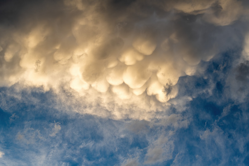 The image displays a dramatic skyscape filled with mammatus clouds, their distinctive pouches creating a captivating pattern against the vast expanse of the sky.