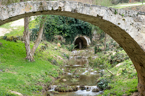 Detail of the medival bridge, in the town of Tobera Burgos, Castilla y León - Spain.