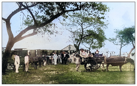 Antique black and white photograph of people from islands in the Caribbean and in the Pacific Ocean; Cuba, Hawaii, Philippines and others: Waiting for the ferry, Cavite, Philippines