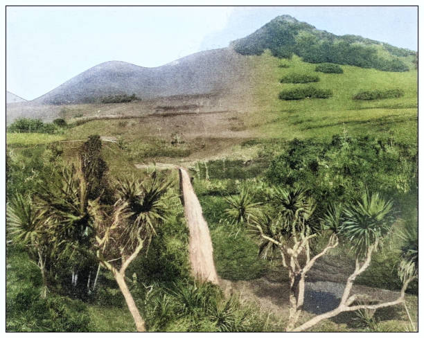 antique black and white photograph: wailua falls, hawaii - wailua falls illustrations stock illustrations
