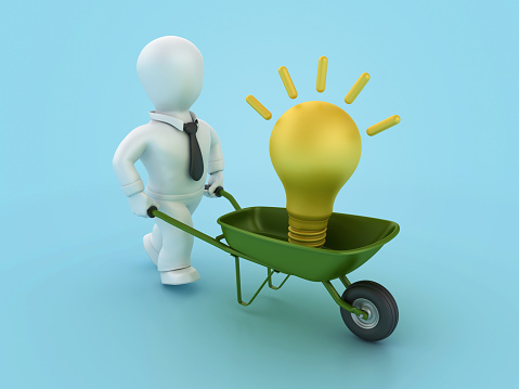 Cartoon Business Person Carrying Light Bulb on Wheelbarrow - Color Background - 3D Rendering