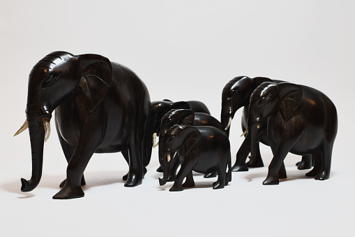 Herd of elephants made of ebony wood in white background