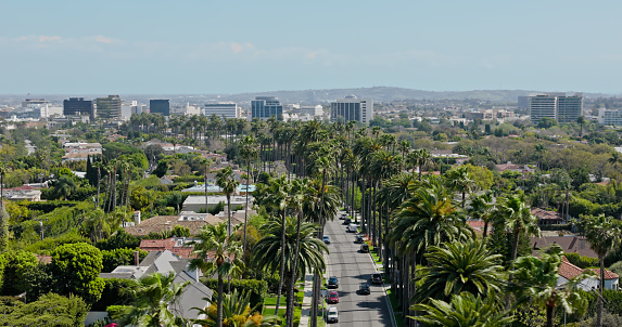 Aerial shot of Beverly Hills on a sunny, Spring day in Los Angeles, California.\nAuthorization was obtained from the FAA for this operation in restricted airspace.