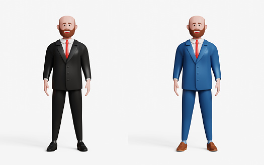 3D adult businessman in black and blue suit standing with confident smile. Entrepreneur, leader, success, management concept. 3D happy businessman. 3d illustration