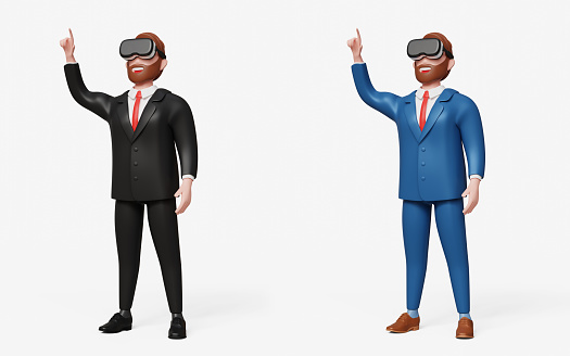 3D adult businessman wearing virtual reality headset, using finger on augmented reality touch screen. Virtual conference, innovate and future technology concept 3d illustration
