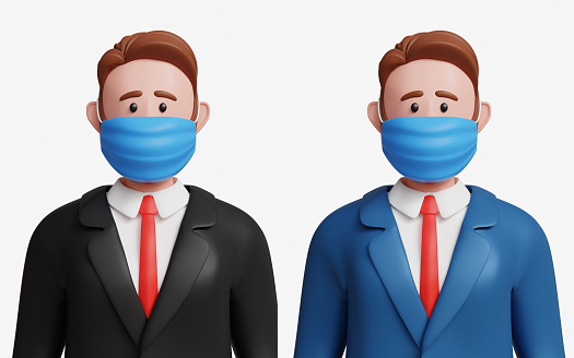 3D businessman wearing medical mask. Danger of infection, virus infection, pandemic, protection, outbreak and pollution concept. 3d illustration