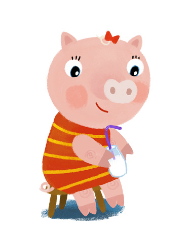 cartoon scene with little piggy girl drinking milk sitting on chair illustration for kids