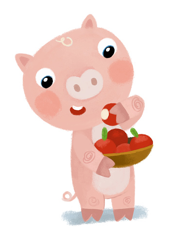 cartoon scene with happy farmer ranch pig hog holding basket full of apples and eating illustration for kids