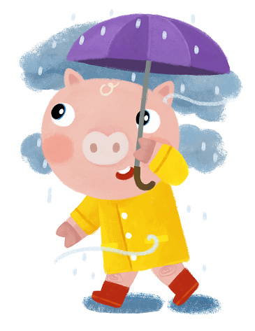 cartoon scene with happy farmer pig boy on the trip with umbrella in the rain happy having fun in yellow raining coat illustration for kids