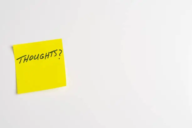 The word Thoughts on a yellow sticky note posted on an isolated white background