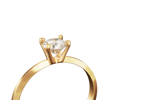 3d Render Gold single stone diamond ring, Clipping Path