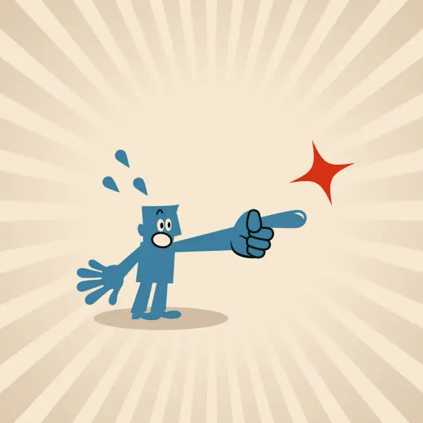 Vector illustration of A blue man points to the right with his index finger nervously and fearfully