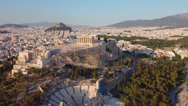 Drone Aerial Shot Flying Around Acropolis Ancient City Of Athens At Sunset