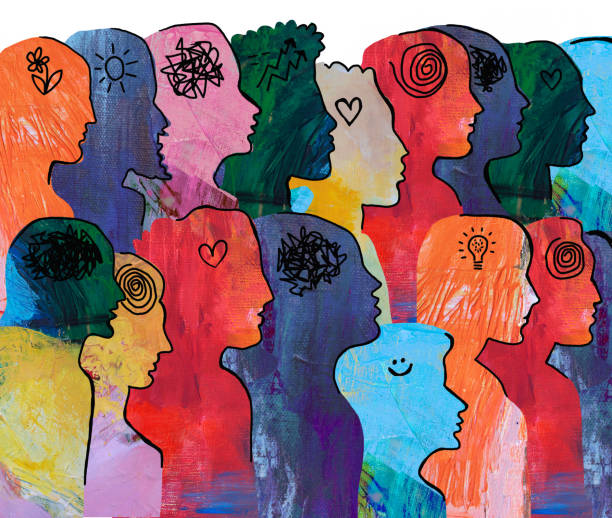Large Group of diverse people with thoughts. Large Group of diverse people profile view hand drawn, with different emotional / mental states and thoughts. bad heart stock illustrations
