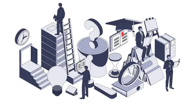 Vector illustration of Education, Books and Learning, Motivation to Learn, Building Knowledge to Improve Vocational Skills, Vocational and Educational, Isometric Readers and Stacks of Books