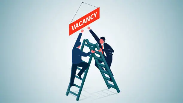 Vector illustration of Competition for vacancies, recruitment of candidates, new job opportunities or job search opportunities, two businessmen climbing a ladder to pick up a hanging placard of vacancies