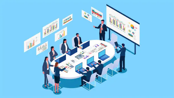 Vector illustration of Team meetings, seminars, data report analysis and discussion, sales market analysis, financial report statistics, isometric business teams analyzing and discussing data reports around the conference table and whiteboards