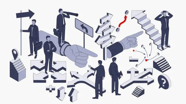Vector illustration of Choice of Direction and Decision, Business Decisions, Career Paths, Right Direction, Crossroads of Paths, Isometric Complexity of Paths and Decision-Making Businessmen