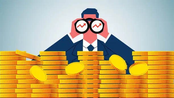 Vector illustration of Stock market or business financial and economic observation and forecasting, superior business investment experience and vision, businessman holding binoculars sitting on a pile of gold coins looking ahead