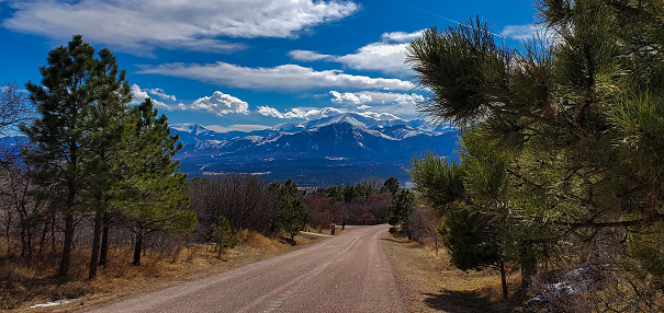 Snow capped Pikes Peak view from the northeast near Colorado Springs in western USA of North America.