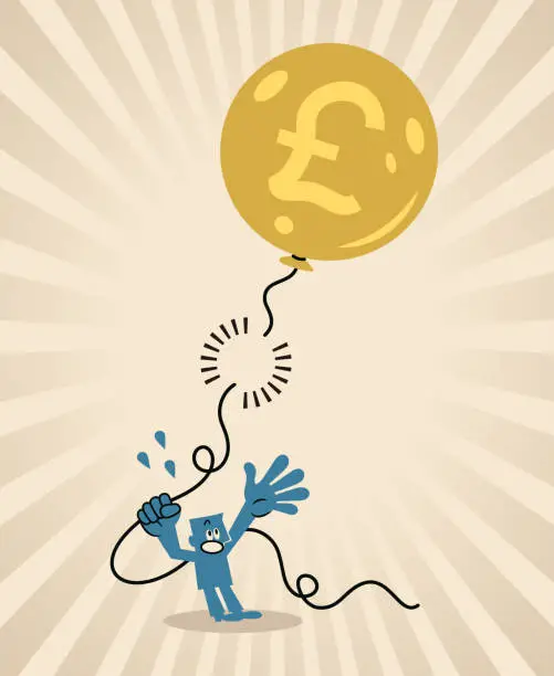 Vector illustration of The money balloon that the blue man was holding on to was disconnected, loss of control, and the money balloon flew away