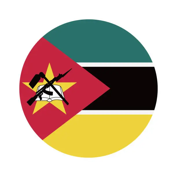 Vector illustration of Mozambique flag. Button flag icon. Standard color. Round button icon. The circle icon. Computer illustration. Digital illustration. Vector illustration.