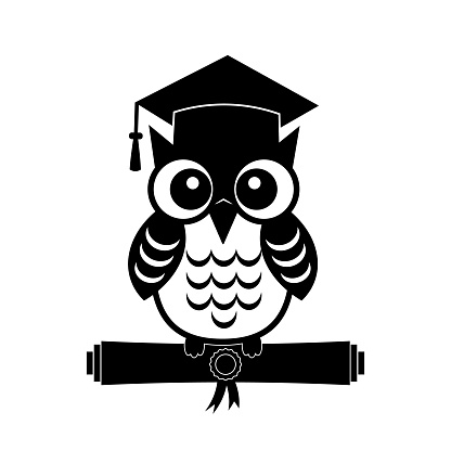 Graduation owl wearing hat flat icon. Education sign.  Vector template for poster, banner, greeting card, label, t-shirt, etc