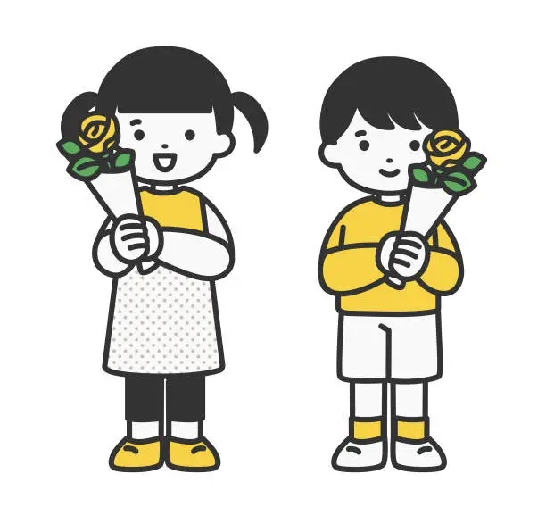 Vector illustration of illustration material of a child holding a yellow rose