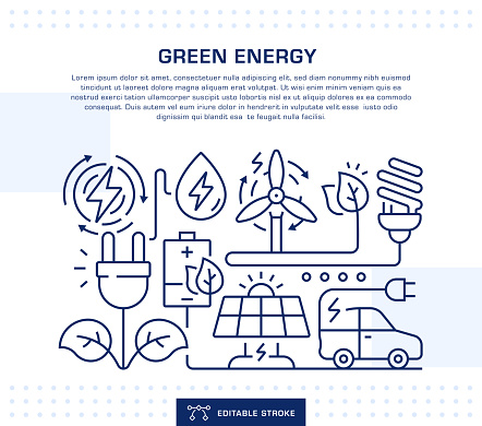 Green Energy Concept Header, Web Banner Template. Editable Thin Line Illustration