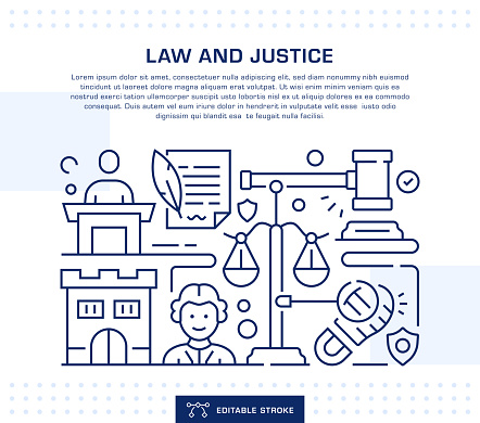 Law and Justice Concept Header, Web Banner Template. Editable Thin Line Illustration