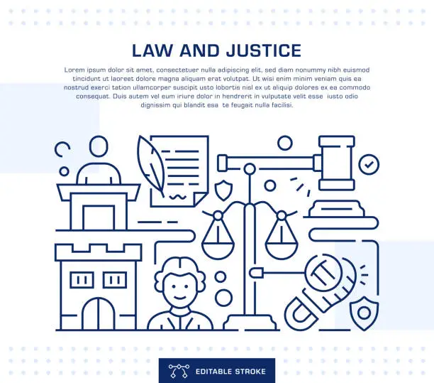 Vector illustration of Law and Justice Concept Header, Web Banner Template. Editable Thin Line Illustration