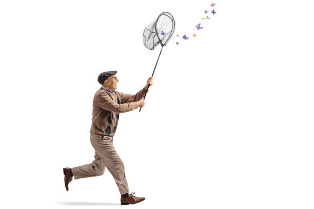 Elderly man catching butterflies with a net