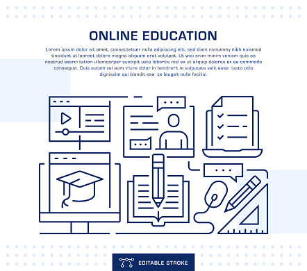 Online Education Concept Header, Web Banner Template. Editable Thin Line Illustration