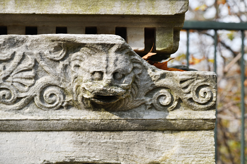 Istanbul, Turkey - December 11, 2023: Detail of stone tomb. Museum of Archeology in Istanbul, ancient exhibits of ancient empires inhabiting the territory of present day Turkey