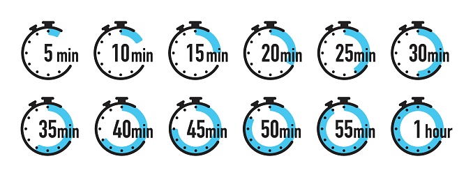 A set of isolated timer icons. Stopwatch, clock, timer for five, ten, fifteen minutes, and so on.