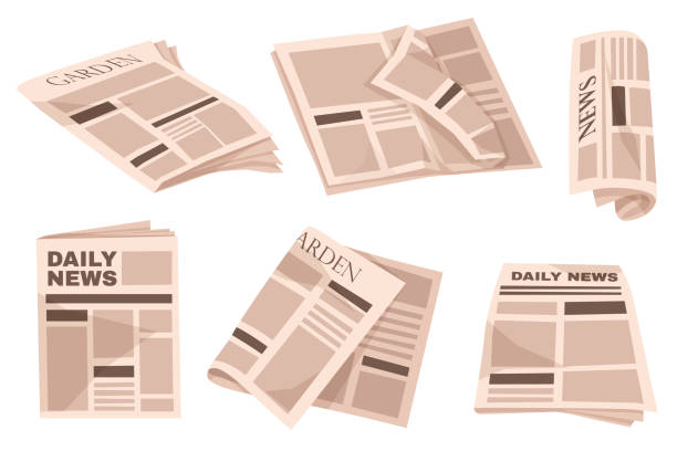 ilustraciones, imágenes clip art, dibujos animados e iconos de stock de juego de periódicos plegados - newspaper reportage stack journalist