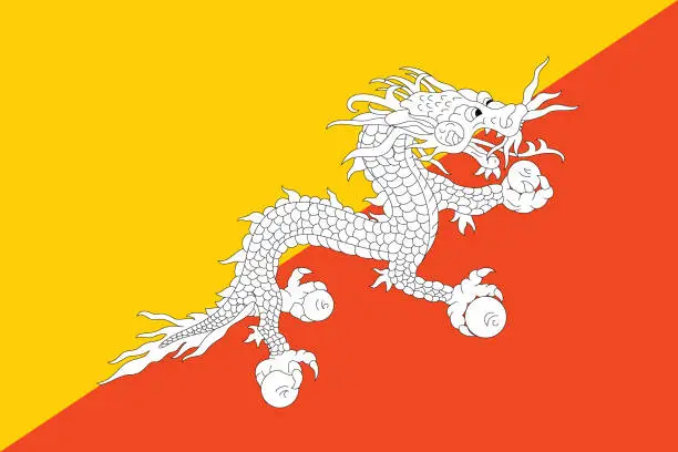 Vector illustration of Bhutan flag. Flag icon. Standard color. Standard size. A rectangular flag. Computer illustration. Digital illustration. Vector illustration.