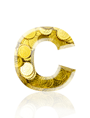 Close-up of three-dimensional Dollar sign gold coins alphabet letter C on white background.