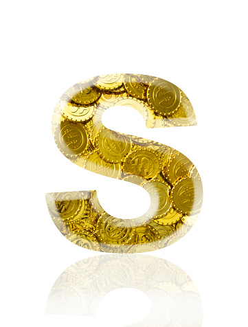 Close-up of three-dimensional Dollar sign gold coins alphabet letter S on white background.