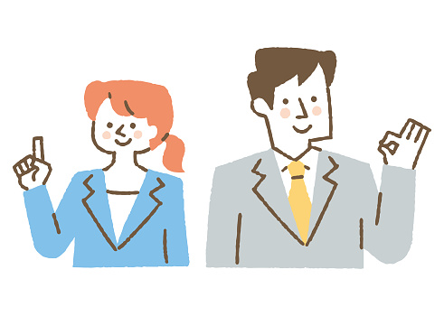 Man and woman wearing suits and hand signs_Color
