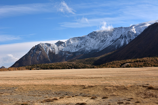A mountain range covered with the first snow on the edge of a huge steppe under a cloudy autumn sky. North-Chui Range, Altai, Siberia, Russia.