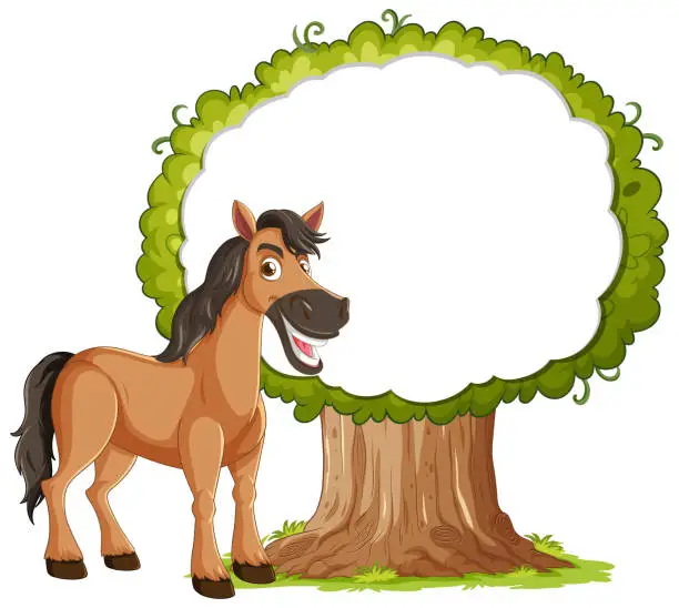 Vector illustration of Cartoon horse smiling near a large green tree